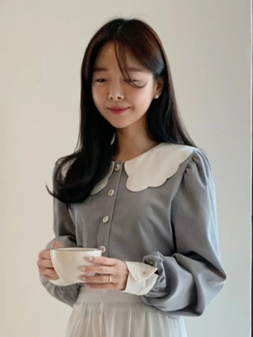 

Sweet Embroidered Doll Collar irt Women's Top Design Sensation Color Blo Wave Bland Fit Spring Faion Casual irt