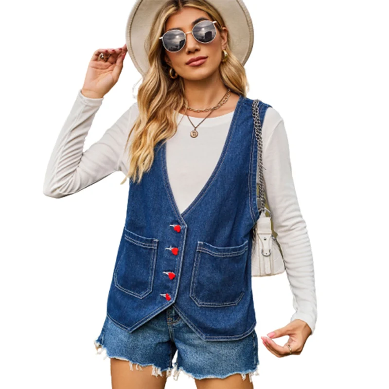 

Women Love Shape Buttons Single-breasted Cardigan Denim Vest V Neck Waistcoats Casual Sleeveless Outerwear Female Streetwear New