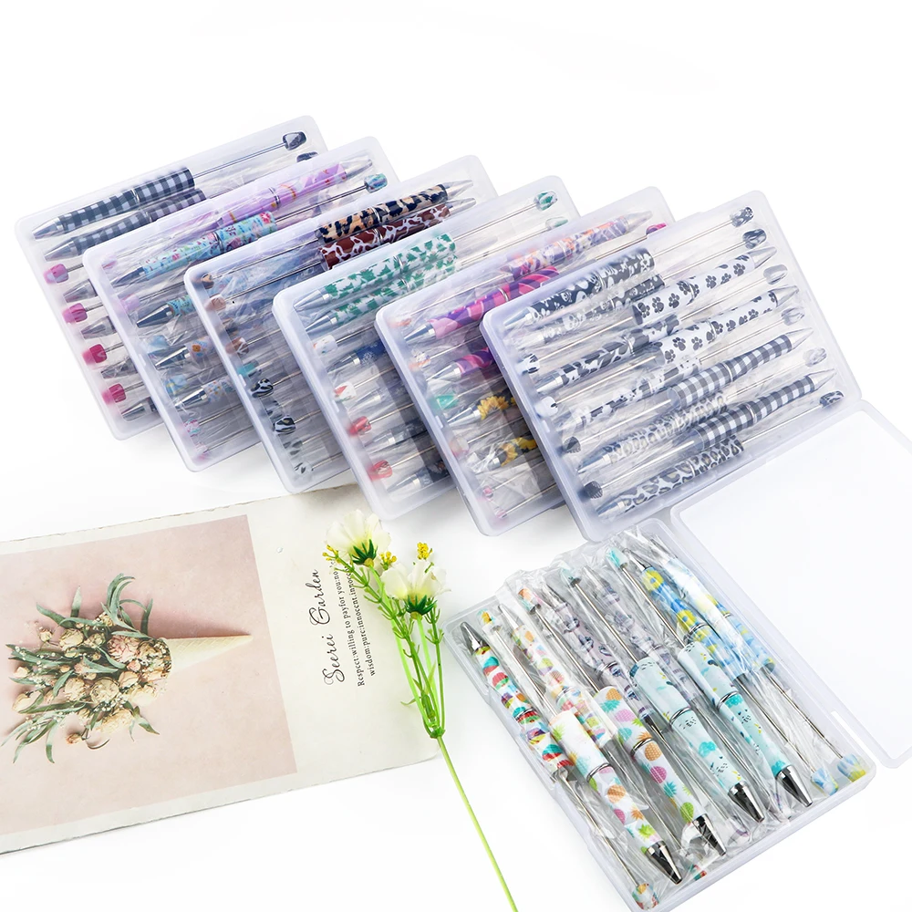 Sunrony 10Pcs/Box Printed Ballpoint Beadable Plastic Pen Black ink DIY Personality Pen School Office Writing Supplies Stationery