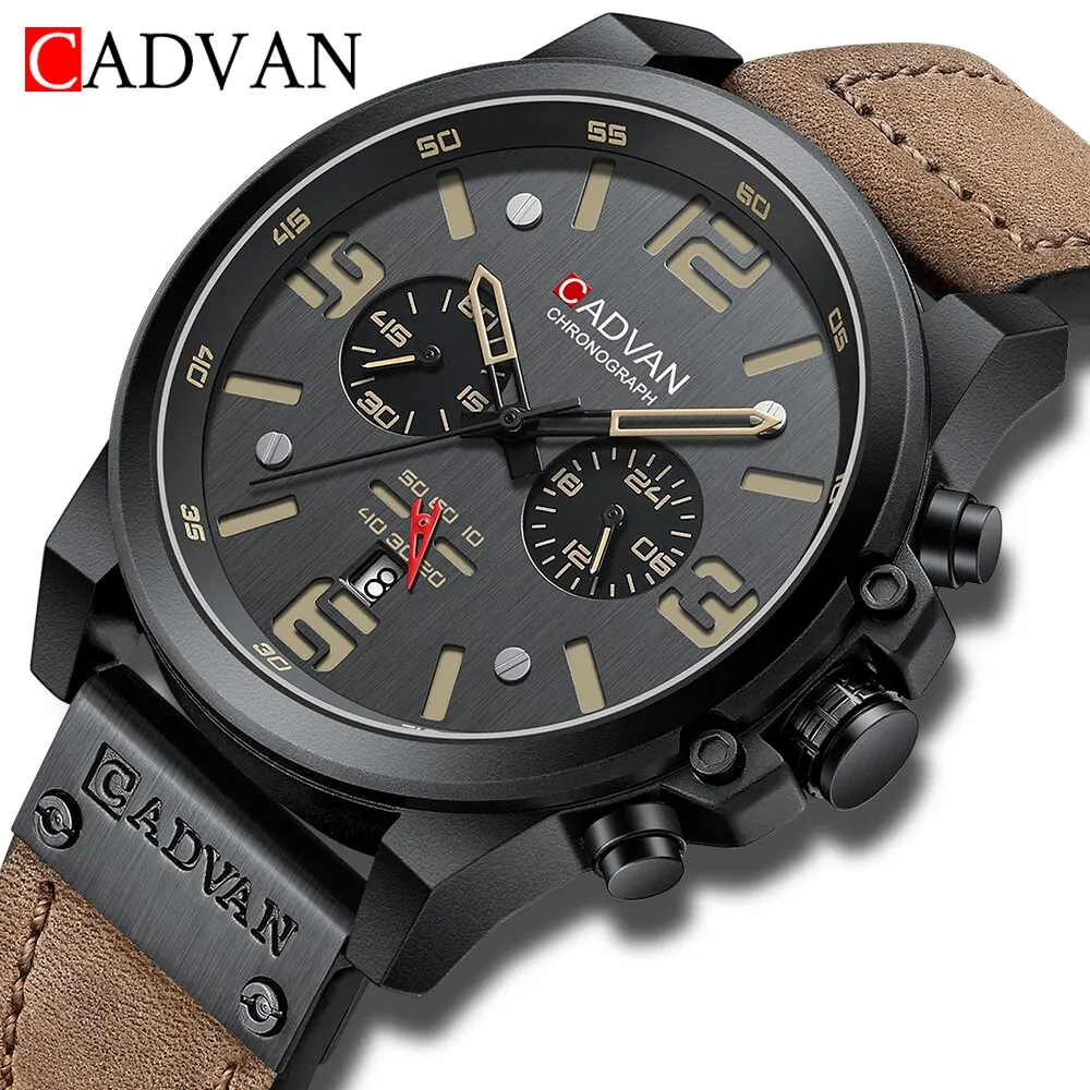 Cadvan herren uhren top luxus marke wasserdichte sport armbanduhr chronograph quarz militär echt leder armbanduhr