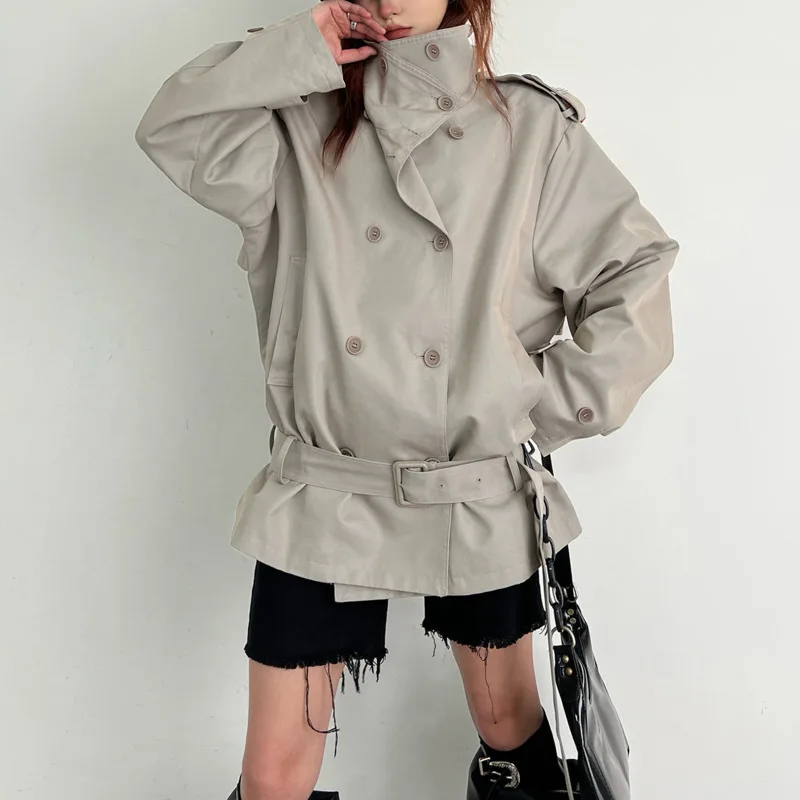 HKSH ربيع الخريف جديد المرأة خندق معطف مزدوجة الصدر الوقوف طوق حزام الخصر Cinching خمر سترة قصيرة أنيقة HK14436