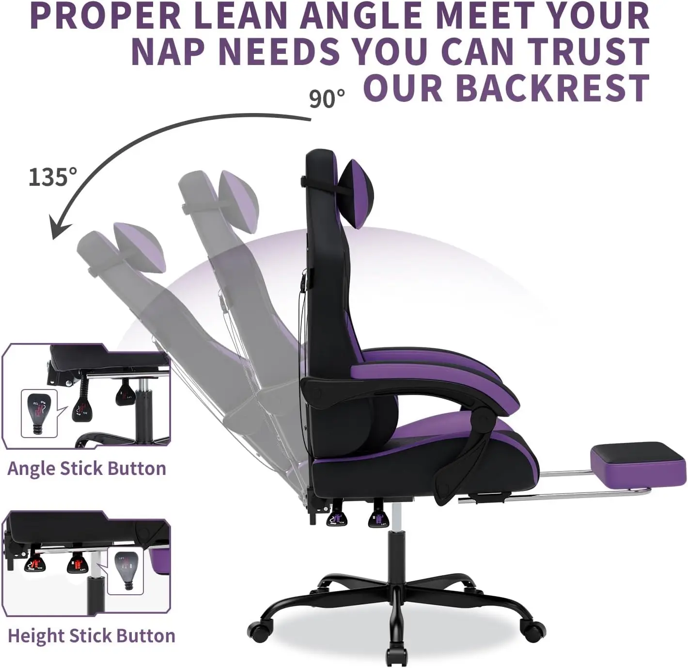 Gaming Chair with Massage,Ergonomic PC Gaming Chair with Footrest Comfortable Headrest and Lumbar Support,High Back Game Chair PVC Leather,300LBS (BlackPurple) view 3