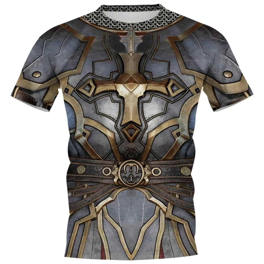 

2024 Medieval Knight Armor Short Sleeve T Shirt Men's 3d Print Round Neck Casual Loose Men's Streetwear Clothes Tops