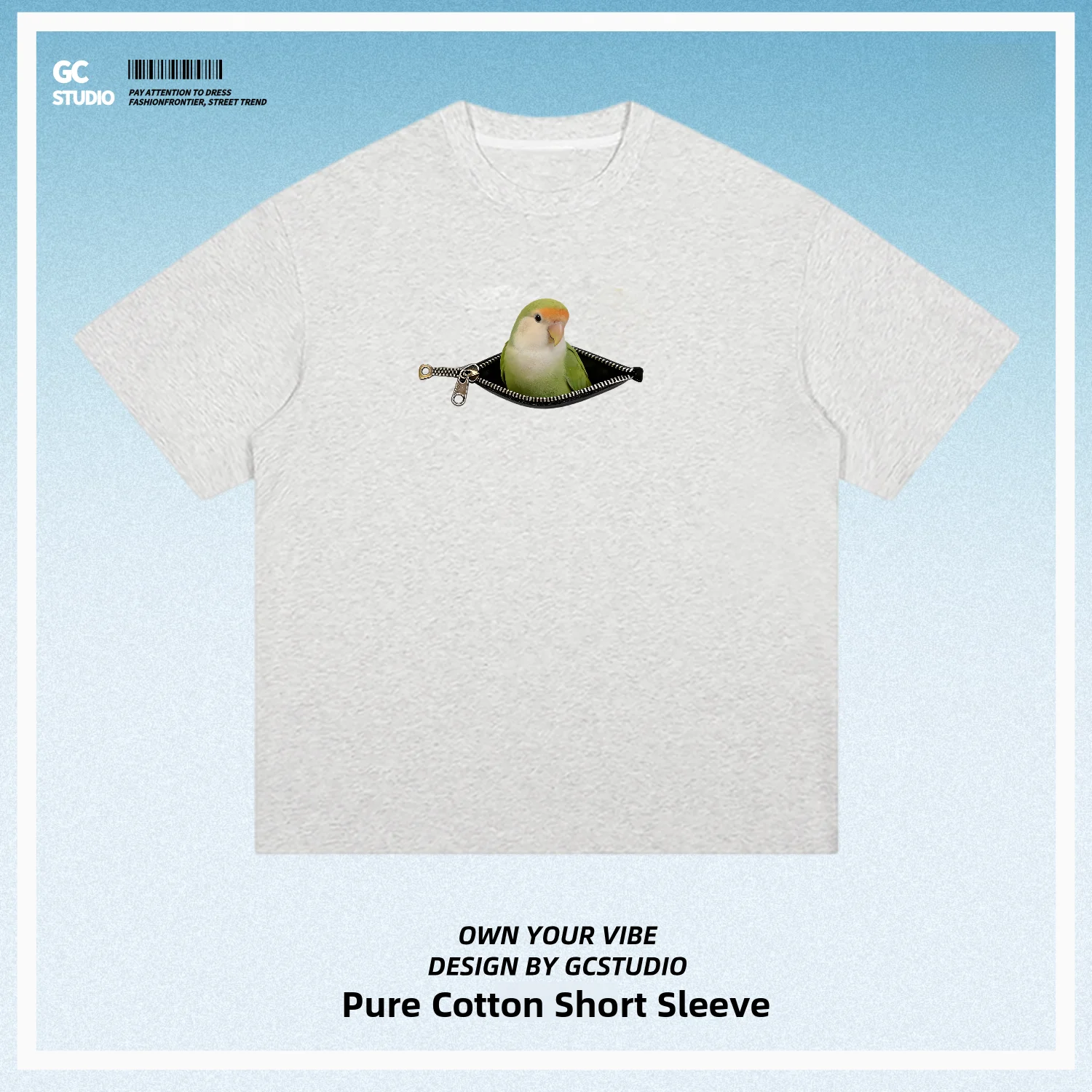 Cotton Green Gold Top Parrot Bird Guide Print Zipper Fun Unisex Loose Casual Cute Short Sleeve T-Shirt Breathable Comfortable