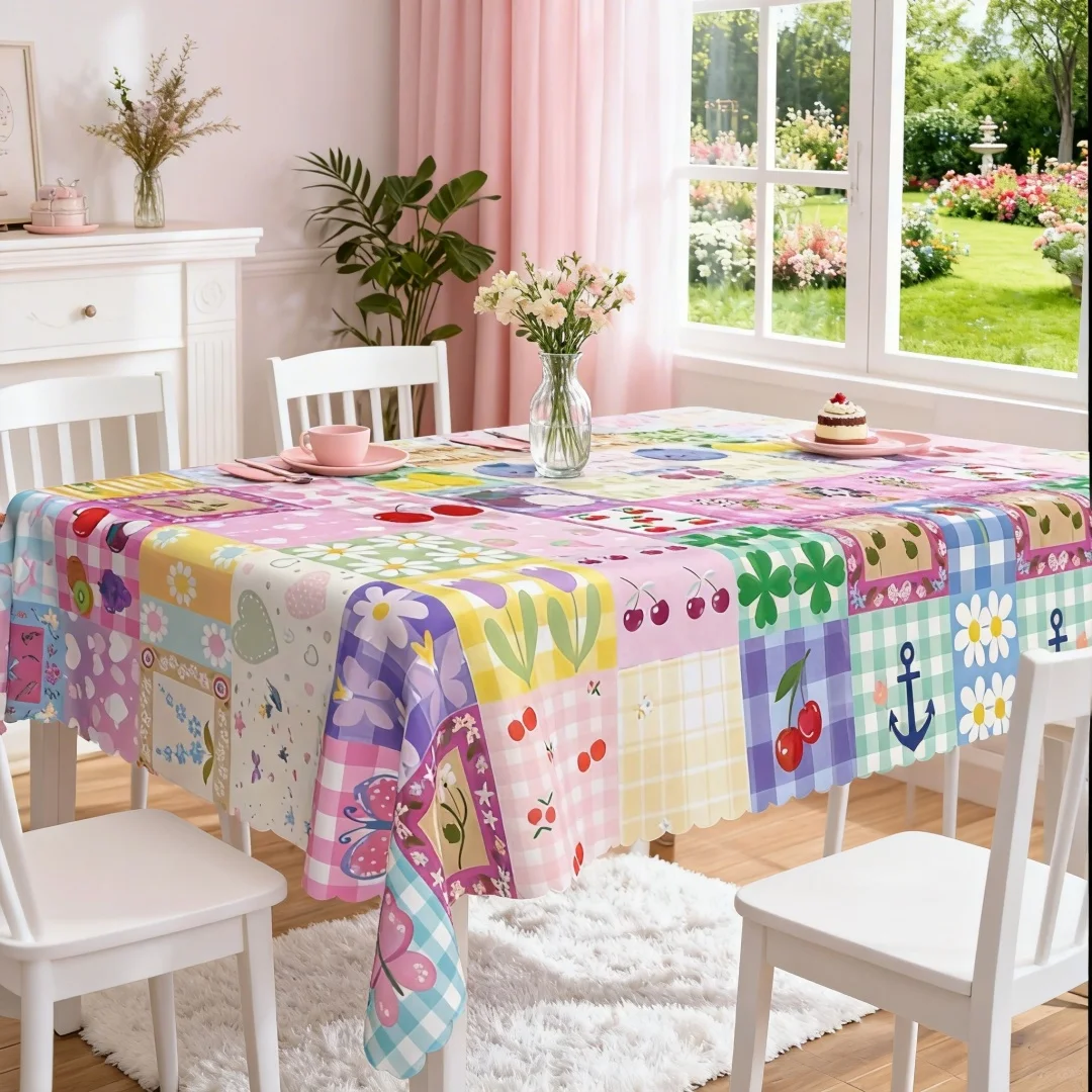 1pc Macaron Collage Fruit Floral Pattern Tablecloth (Round/Rectangle/Square) Polyester Material, Lightweight Quick-Dry Machine Washable, Suitable for Afternoon Tea Party/Kitchen Dining Room/Living Room Table/Home Decor/Birthday Decoration