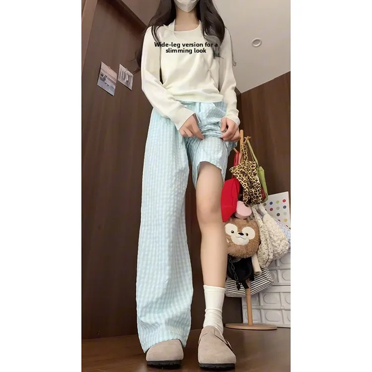 Salted Sea Blue Casual Pants Women's Spring Summer New Sle Slimming Versatile Lazy Wide Leg Pants Sweet Sle High Waist St...