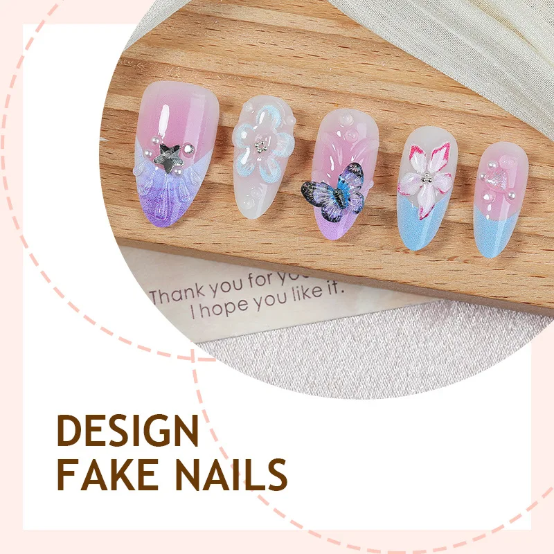 24 Stück Bunte Mandel-Press-on-Nägel mit 3D-Blumen und Schmetterlingen, Süße Französische Künstliche Nägel für Frühling und Sommer, Einfache Ins-Nagelspitzen mit Schönheits-Effekt