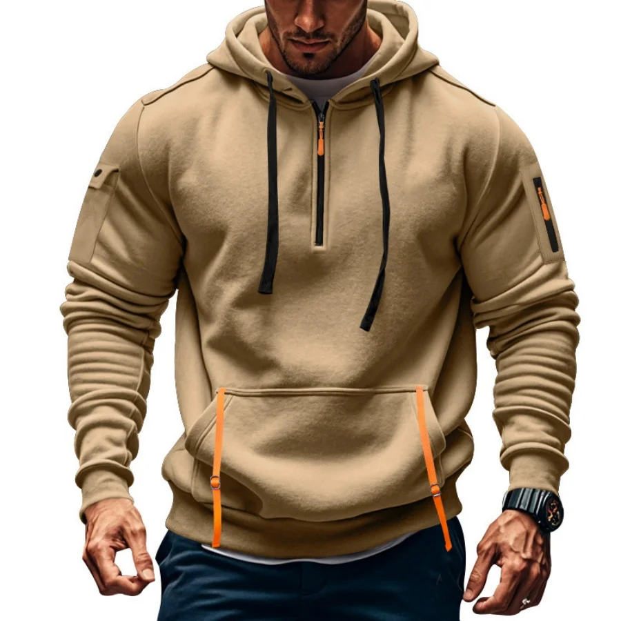 Men's casual hoodie, spring and autumn new fashion sports pullover streamer pocket loose zipper door towel long sleeve hoodie