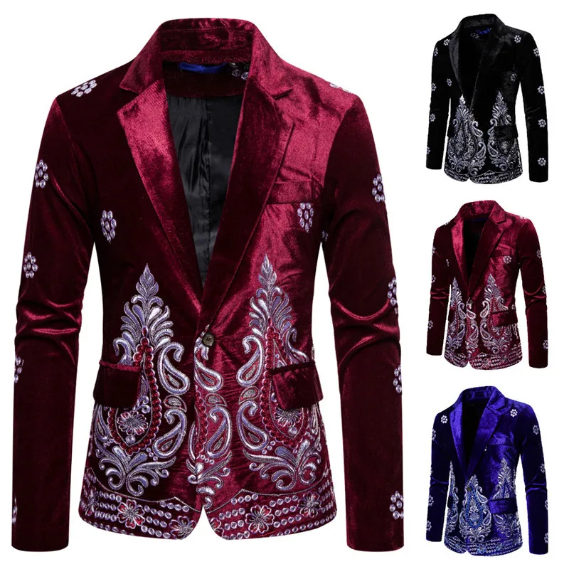 

New Men's Fashion Premium Velvet Single-Button Suit with Silver Thread Embroidery for Formal Wear and Performance