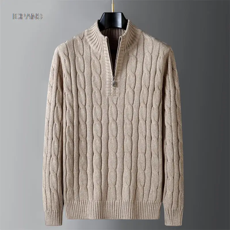 Half Zipper Turtleneck Sweater Knitted Jumper Men High Neck Black Khaki Knitted Pullover Korea Clothing Vintage Sweater Men 2022