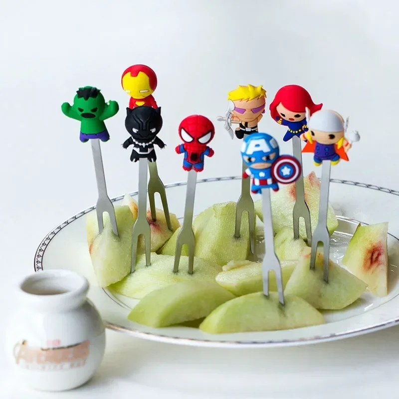 8pcs Disney Marvels Avengers Fruit Forks Set Q Version Cartoon Ironman Steve Rogers Hulk Spiderman Kids Dessert Party Fork Suit