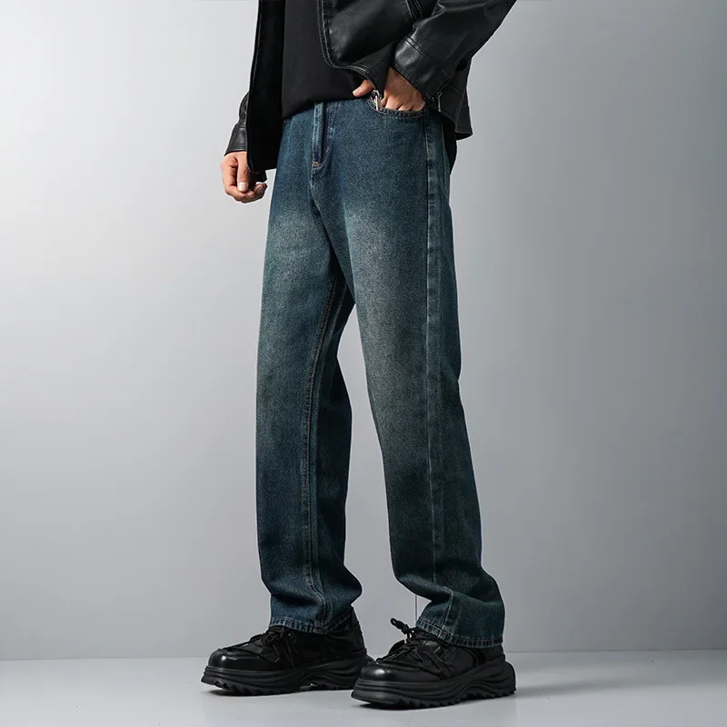 

LIBIELIY Four Seasons Men's New Fashion American Vintage Dark Blue Loose Jeans Pants Casual Trendy Straight Denim Trousers Male