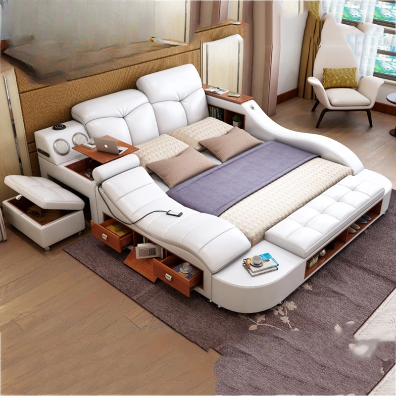 Unique European Frame Double Bed Simple Wood Headrest Massage Queen Home Bed Luxury Floor Letto Multifunzione Bedroom Furniture