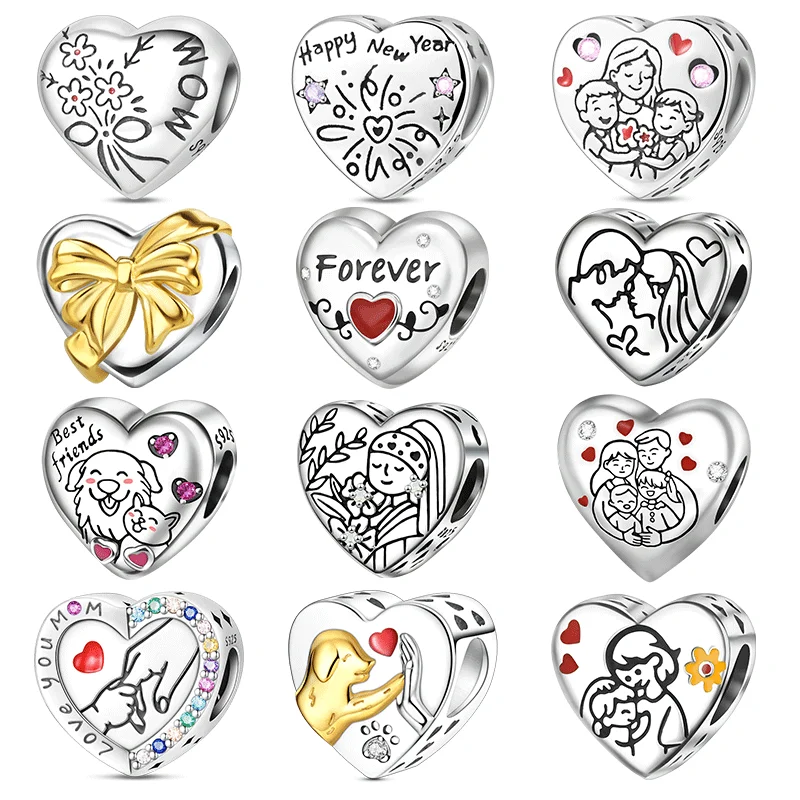 

925 Sterling Silver Heart-Shaped Family Best Friend Beads Simple Charm Fit Original Charm Bracelets Women DIY Jewelry Gift