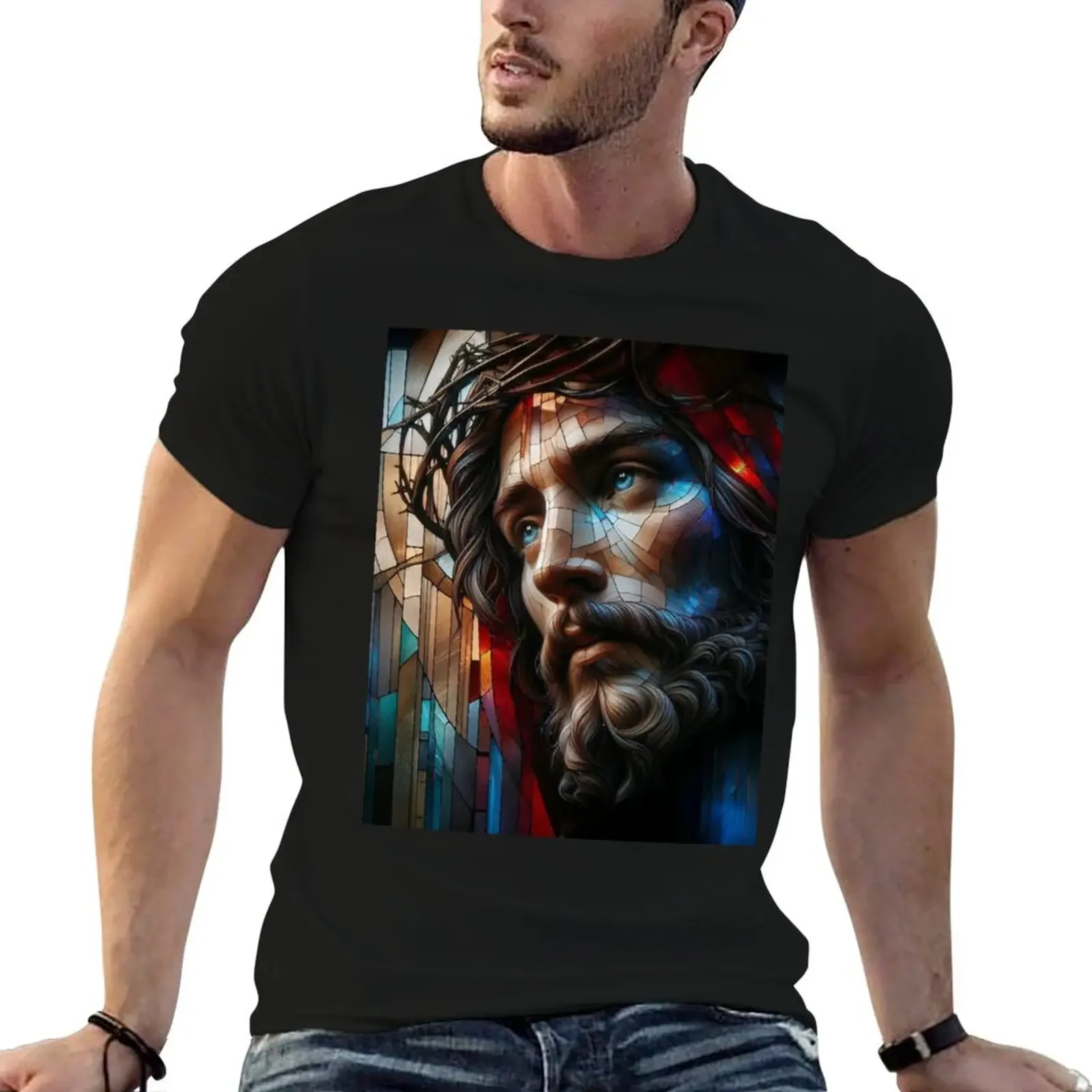 

Stained Glass Jesus T-Shirt custom t-shirts summer top animal prinfor boys graphics mens clothing