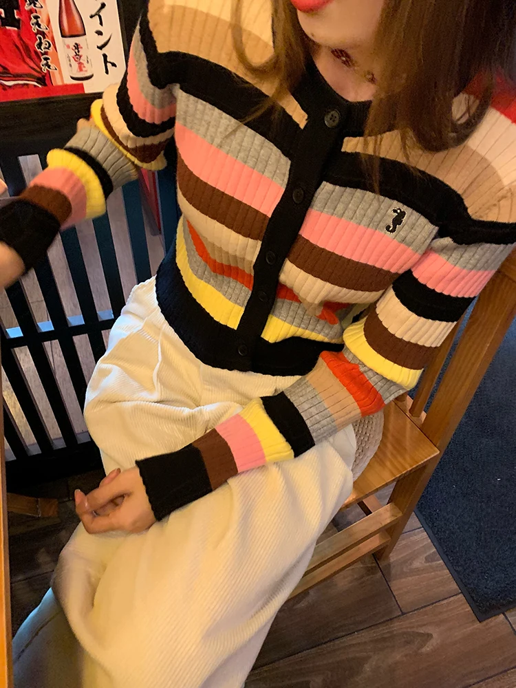 ort Women's Sweater Autumn Winter New Design Striped Open Cardigan Outerwear Knitwear Warm Fluffy round Ne Button up Regu...