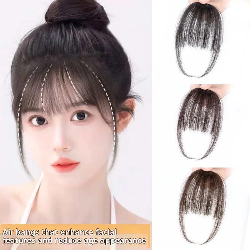 سيدة وهمية الانفجارات الشعر الحقيقي المنسوجة يدويا غرة متجددة الهواء مع السوالف خفيفة الوزن ومدمجة لتغطية الجبين شعر مستعار غير مرئية الانفجارات #1