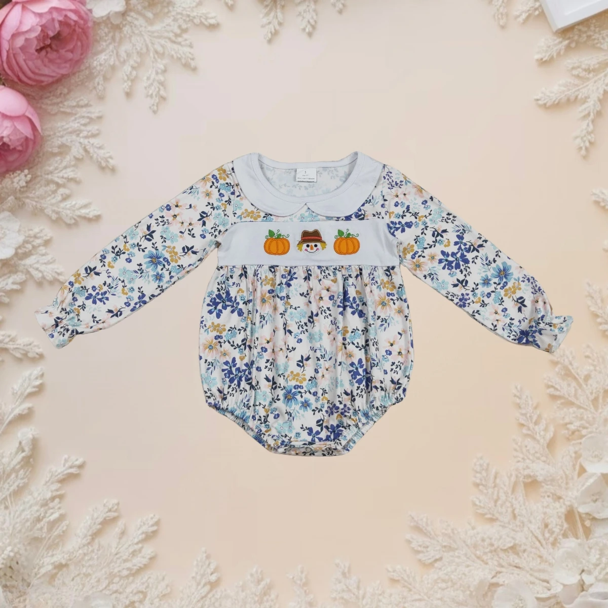 

Cute Baby Girl Romper Long Sleeve Floral Bodysuit Infant Outfit with Pumpkin Embroidery Toddler Fall Clothes Thanksgiving Outfit