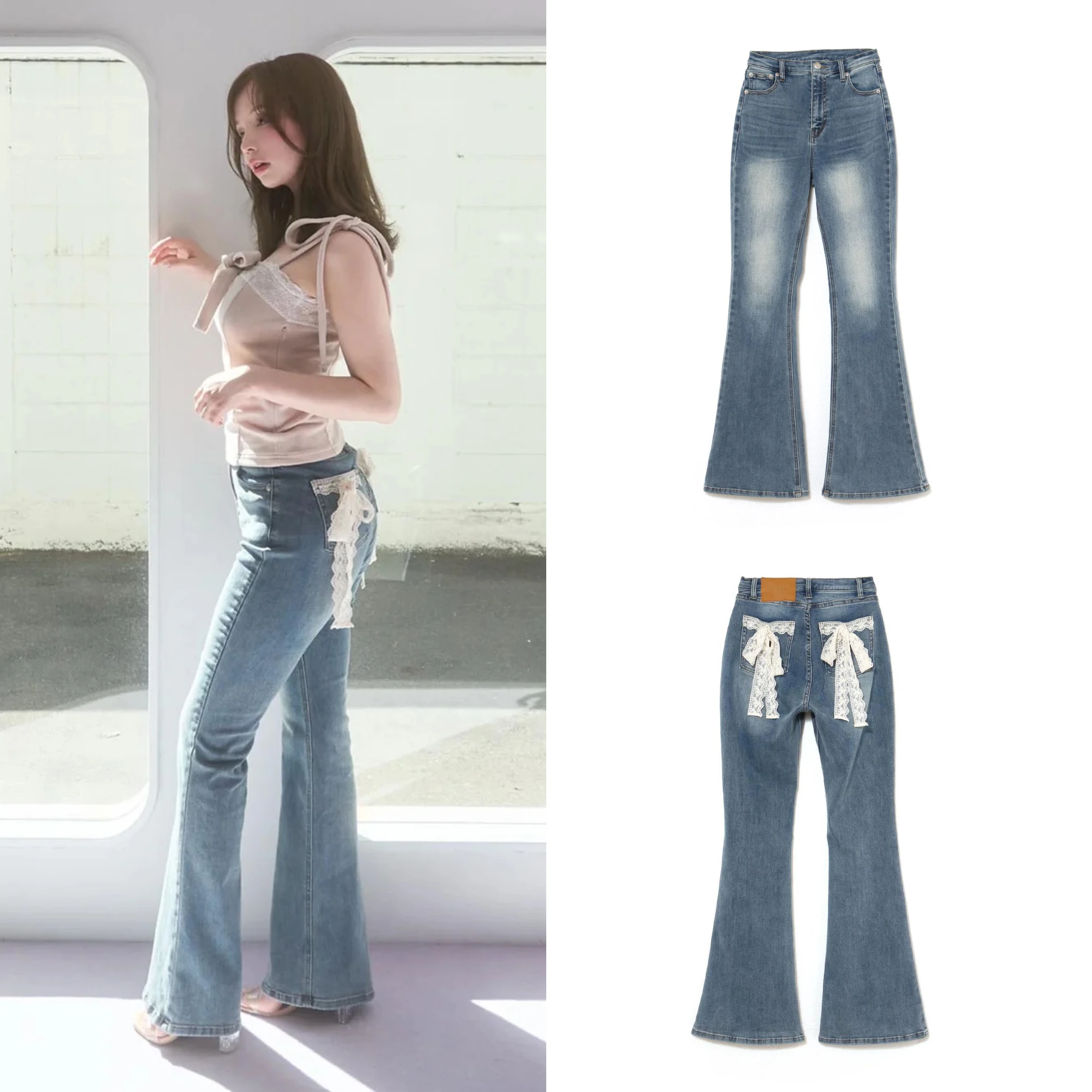 

Japanese Wind New Spring Summer High Waist Blue Flare Pants Cute Lace Bow All-match Denim Trousers Elegant Lady Straight Jeans