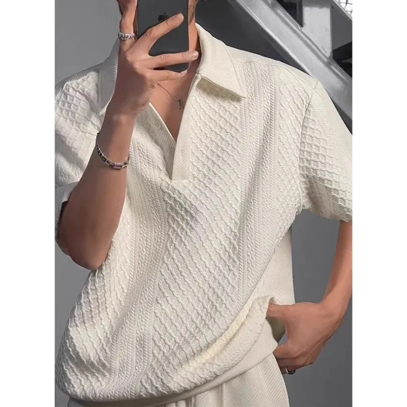 Men's Textured Knit Polo Shirt Casual Loose Fit Short Sleeve Lapel V Neck Top Summer Streetwear