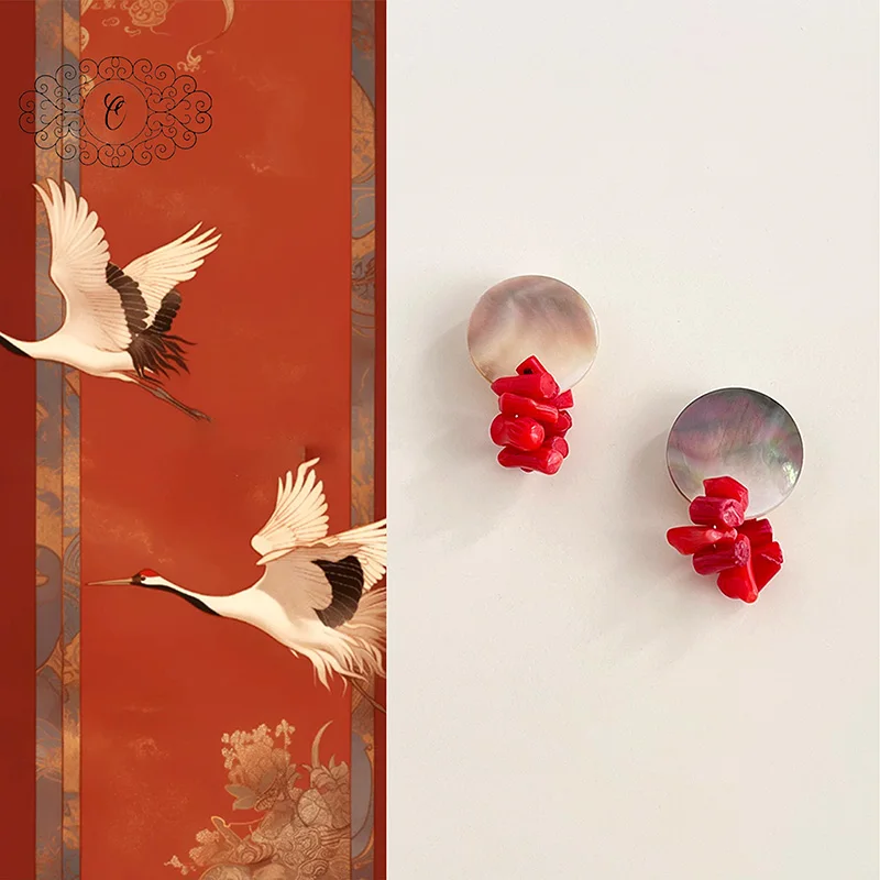 

Abalone Shell and Red Sea Bamboo Earrings, Handmade Geometric Drop with Oriental Chic, Elegant Natural Statement Earrings