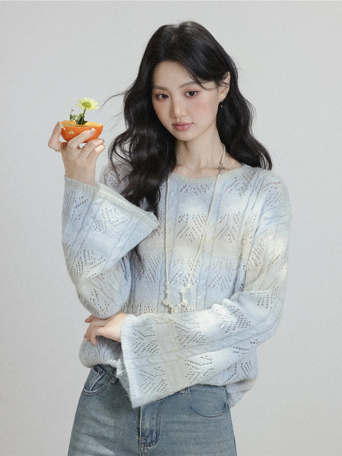 

Весна 2026: Новинка! Женский вязаный пуловер с длинными рукавами, ажурный, с круглым вырезом, свободного кроя, дизайнерский топ-сэнсация.