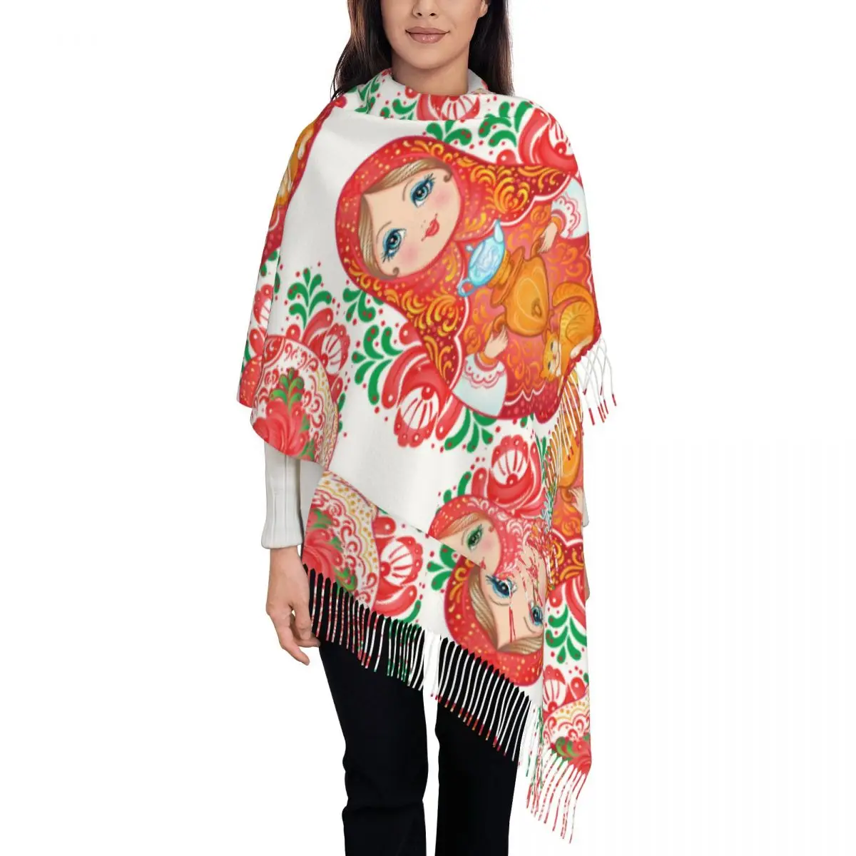 Custom Babushka Matryoshka Russian Doll Tassel Scarf Women Soft Shawl Wrap Female Winter Scarves