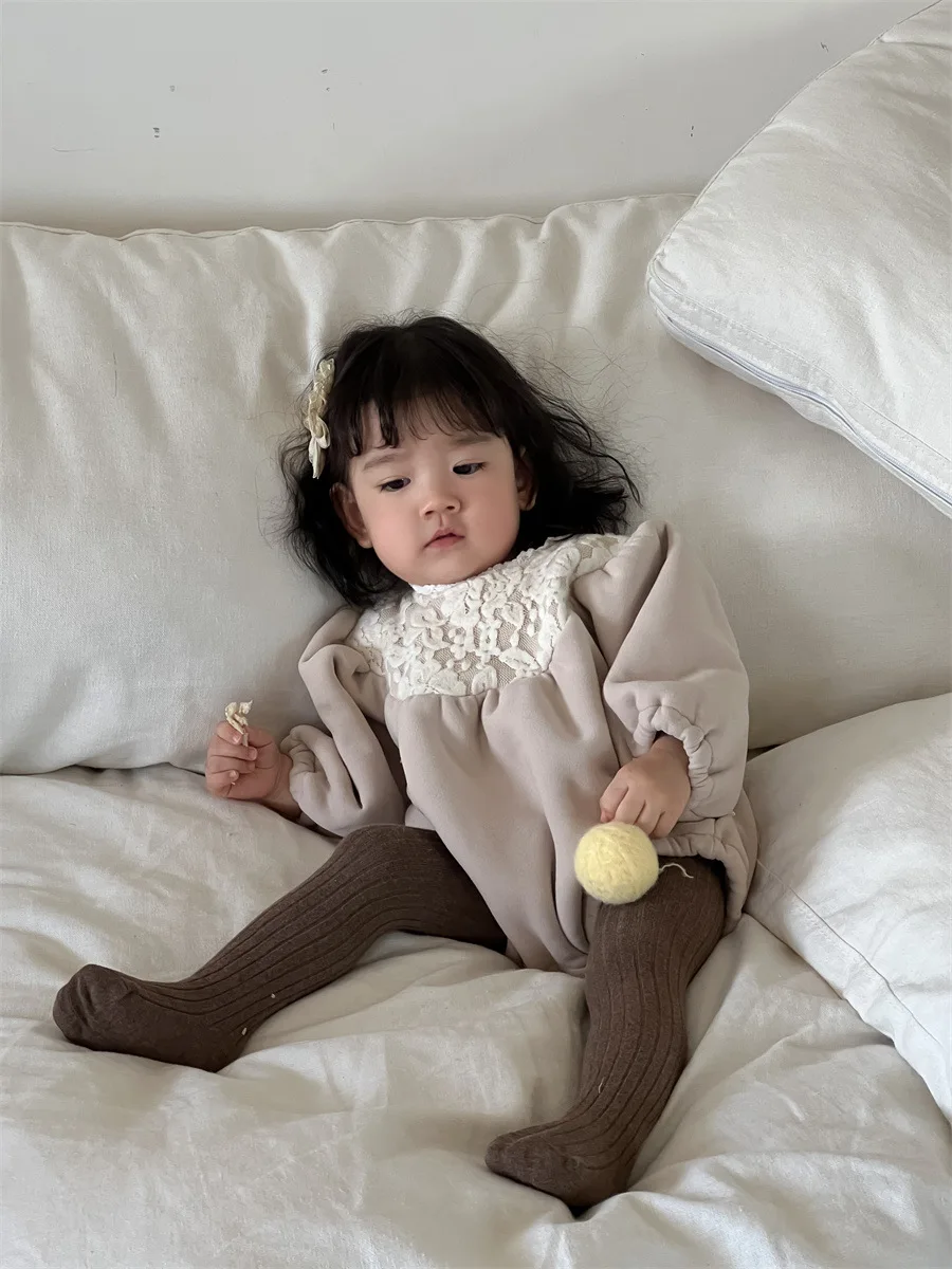 2024 Winter New Baby Girl Long Sleeve Lace Fleece Bodysuit Newborn Toddler Plus Velvet Thick Warm Jumpsuit Infant Clothes 0-24M