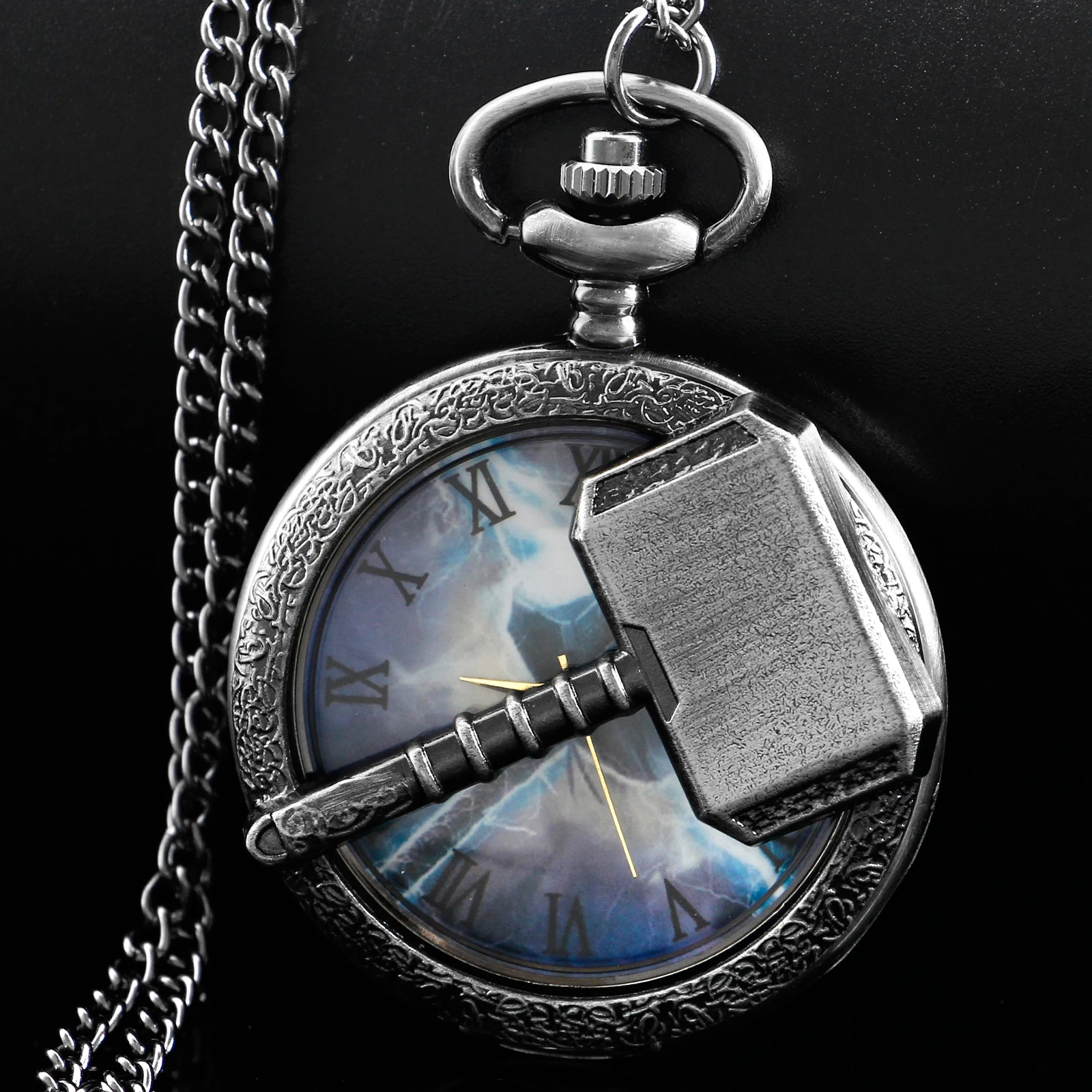 Film and Animation Thunder Hammer Logo Quartz Pocket Watch Steampunk Hollow Chain Watch Men's and Women's Pendant Necklace Gift