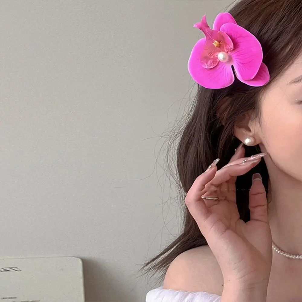 Sweet Cloth Flower Hair Clip Pearl Butterfly Orchid Orchid Flower Hairpin Headdress Bohemian Style Girl Hair Clip Beach
