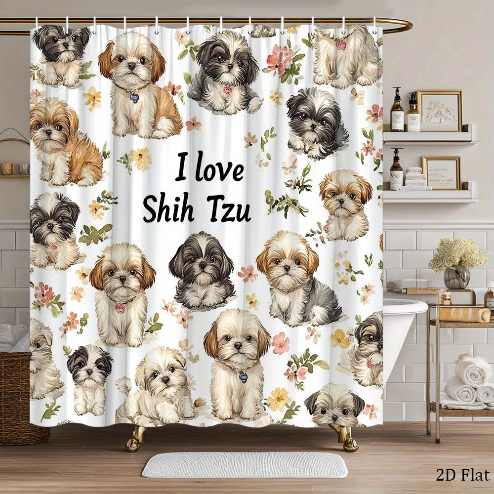 

Cute Shih Tzu Shower Curtain Waterproof Fabric Bathroom Curtains Floral Puppy Dog Bath Screen Divider Home Decor With Hooks