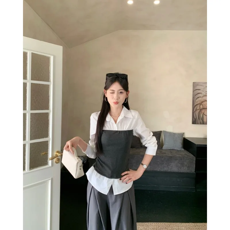 Sli V-Ne Long Sve irt المرأة لون بسيط Blo وهمية قطعتين الخريف تنوعا شخصية قمة العصرية لباس غير رسمي #2