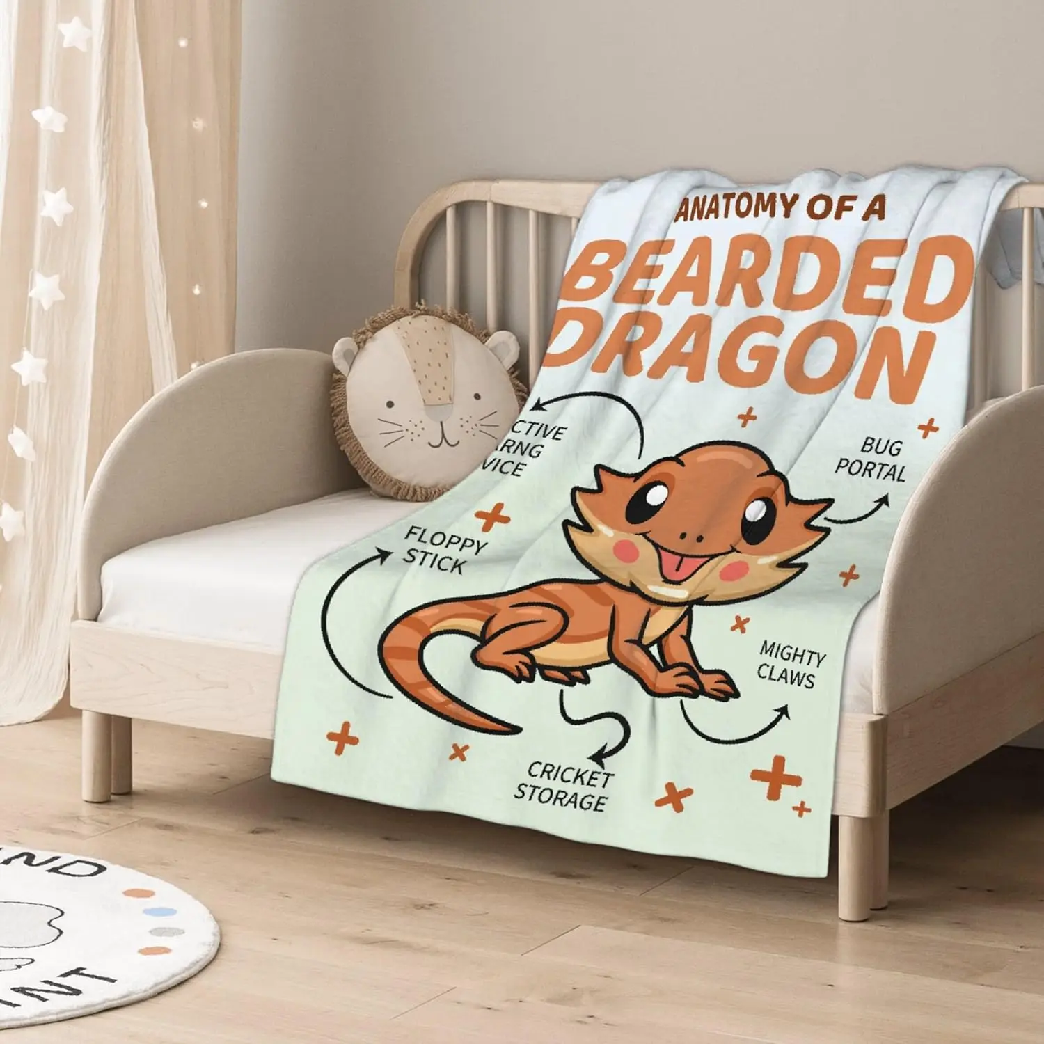 Bearded Dragon Anatomy Blanket – Cute Reptile-Themed Flannel Throw for Kids’ Room, Bed or Sofa Decor