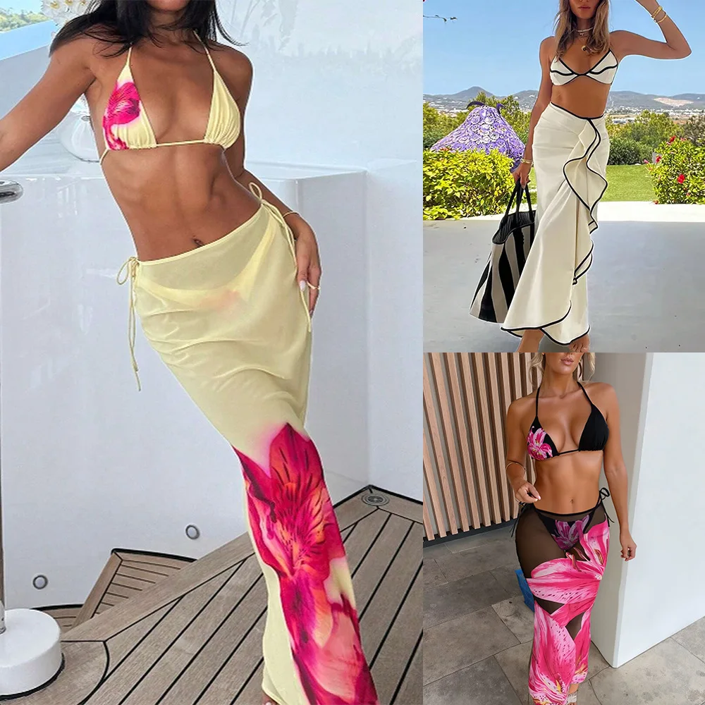 

New cross-border European and American 2025 women's three-piece swimsuit Amazon lily print bikini high-end sexy long dress