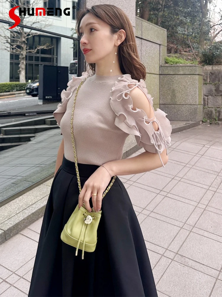 

Японские милые свитера с открытыми плечами и рюшами по краям, свитера с короткими рукавами, женские милые элегантные вязаные футболки для девочек, летние повседневные вязаные топы