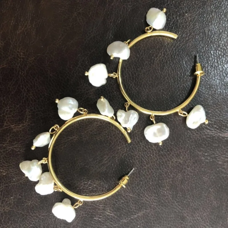 Statement Classic Niche Design C-ring Earrings Brass Gold-plated Natural Freshwater Pearl Tassels Exaggerated Big Hoops