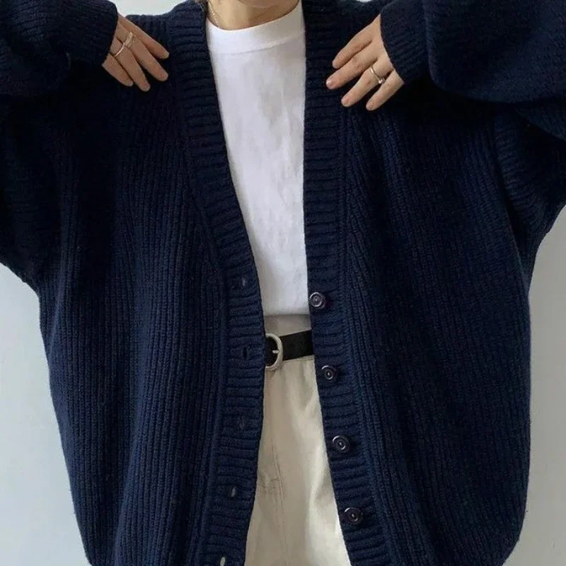 Navy Blue Ladies Sweaters V-neck Knitted Top for Women Cardigan Winter Button New Knitwear Y2k Vintage Fashion 2024 Long Sleeve