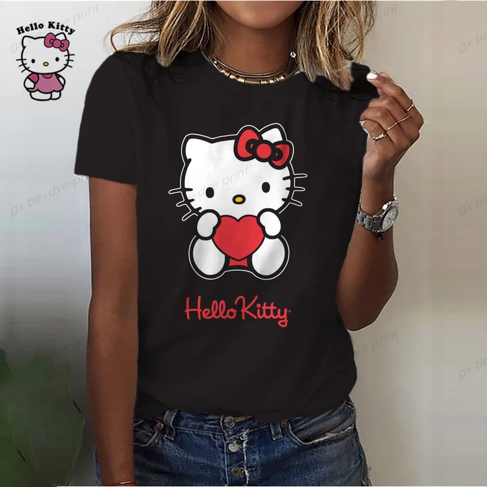 Hello Kitty Women Short Sleeve T Shirt 2023 New Summer Ladies O-Neck Fashion Casual Anime pattern Tee Tops All-Match