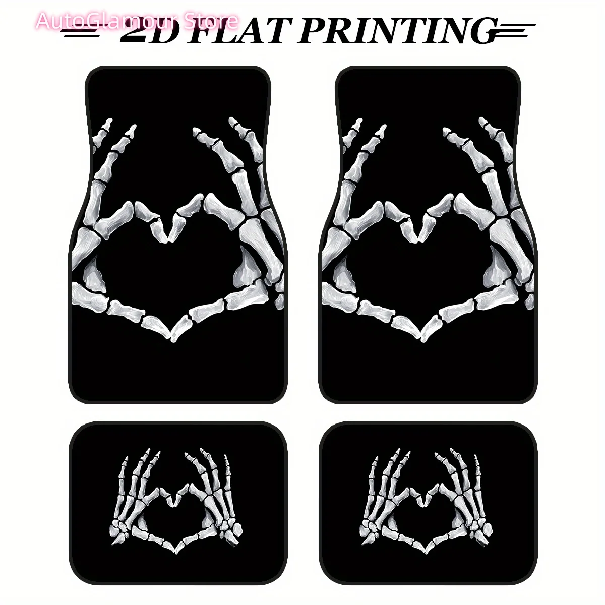 

4pcs/Non-Slip Polyester All-Weather Car Floor Mats/Skull Hand Heart Design/Suitable for Sedans And Suvs/Interior Decoration Item