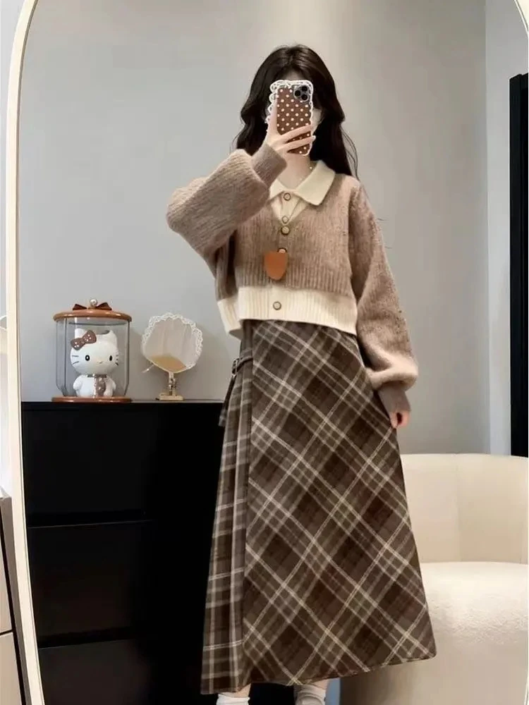 

Korean Style College Fashion Sweater Set Dress Women's Autumn Winter Long Skirt Two-Piece Suit Warmth Comfortable Regular Fit