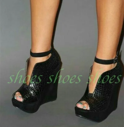 Women Black Patten Printed Peep Toe V Cut Wedge Platform Sandals Ankle Strap Buckle High Heel Party Club Dress Heels Zipper Size