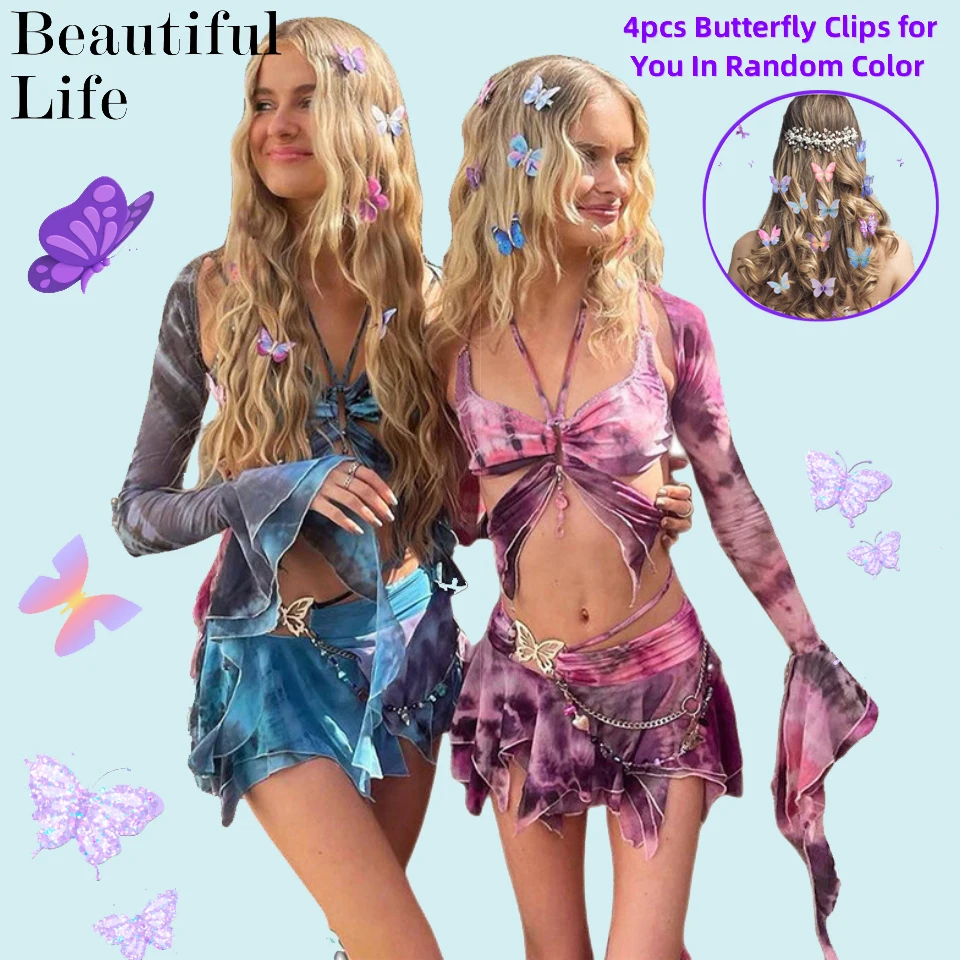 

Women's Mesh Butterfly Bandage Dress, Irregular Skirt, Tie Dye Mini Dress, Flares Sleeve Tops, Party Outfits, 3 Piece Sets