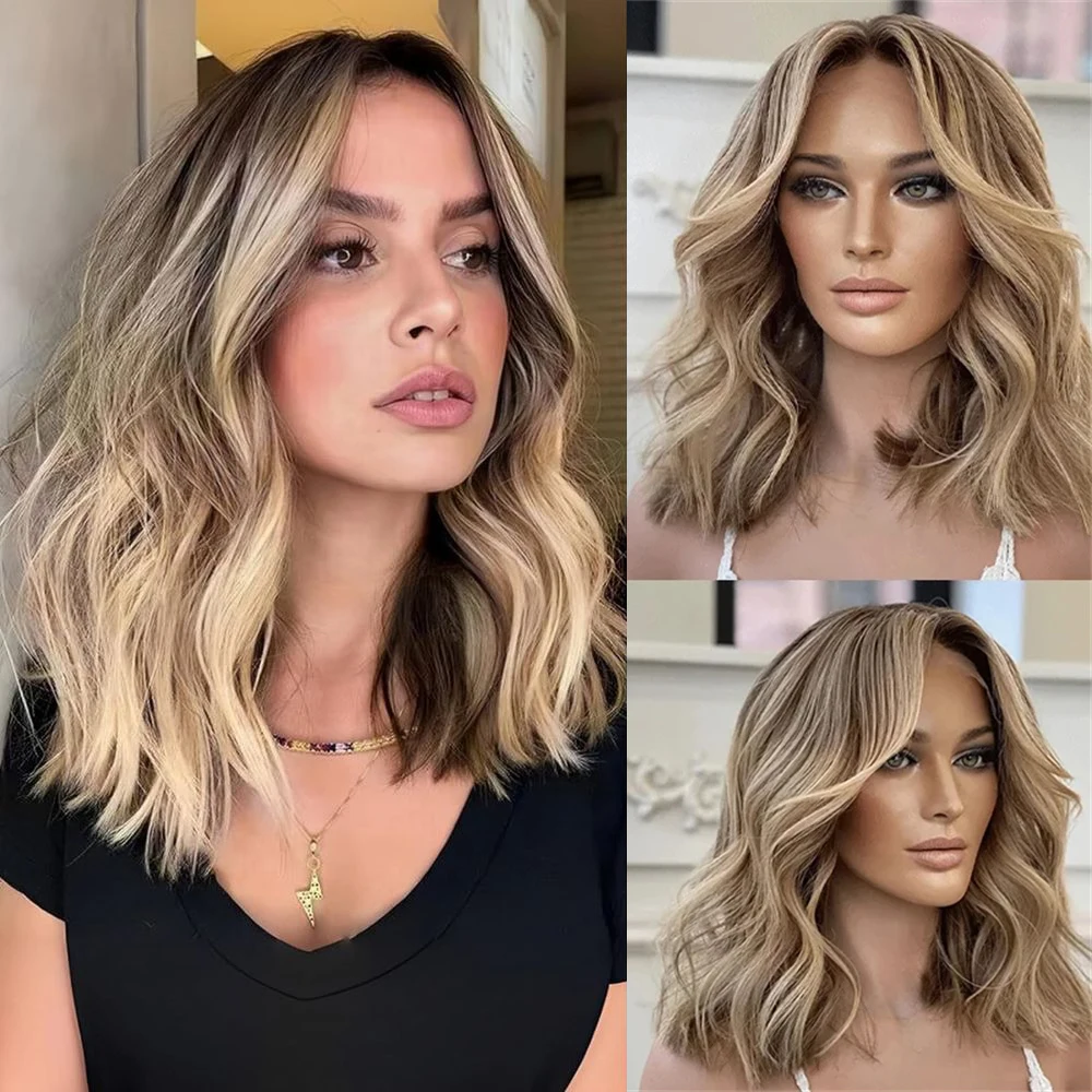 Dunkelblonde Strähnen Kurze Bob-Perücke für Frauen Synthetisches Haar 13x4 Lace Front Klebefreie Perücke Schulterlange Cosplay-Perücke für den Täglichen Gebrauch