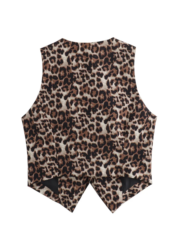 Zevity Women Euro Style V Neck Leopard Print Breasted Short Vest Jacket Ladies Retro Cardigan Slim WaistCoat Tops CT6198