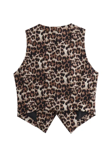 Imagen 2 del producto Zevity-chaleco corto con estampado de leopardo para mujer, chaqueta Retro ajustada con cuello en V, estilo europeo, CT6198