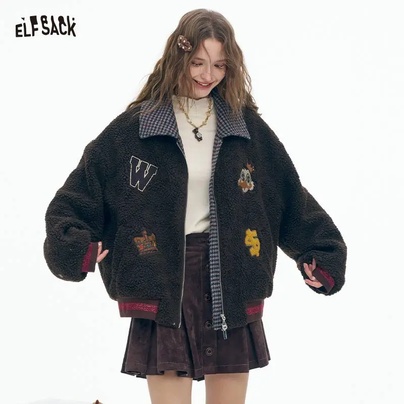 ELFSACK 2025 Winter New Arrivals Casual Loose Graphic Striped Lining Cotton Coat For Woman