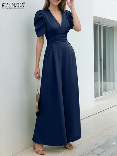 ZANZEA-monos elegantes de oficina para mujer, monos informales holgados de manga corta a la moda, monos de pierna ancha de Color sólido, 2025