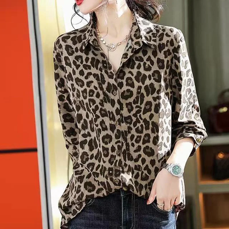 2023 Spring Summer New Blouse POLO Collar Leopard Printing Long Sleeve Single Breasted Tops Women Fashion Casual Female Clothing