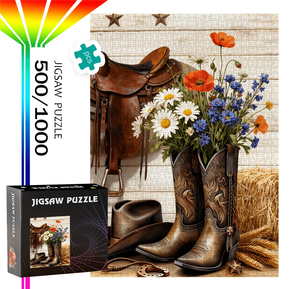 500 piezas/1000 piezas botas de vaquero del oeste y rompecabezas de silla de montar de caballo-adecuado para s y, Navidad, Pascua, regreso a la escuela-portátil Re