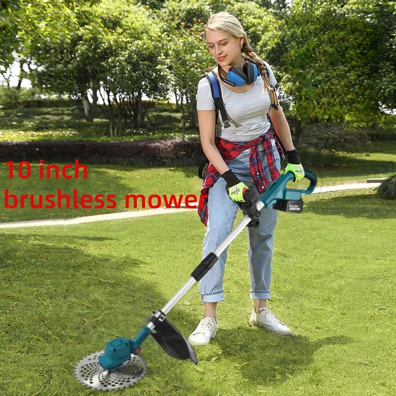 10” Cordless Lawn Mower Brushless Motor Electric Lawn Mower Length Adjustable Angle Telescopic Trimming Gardening Tools